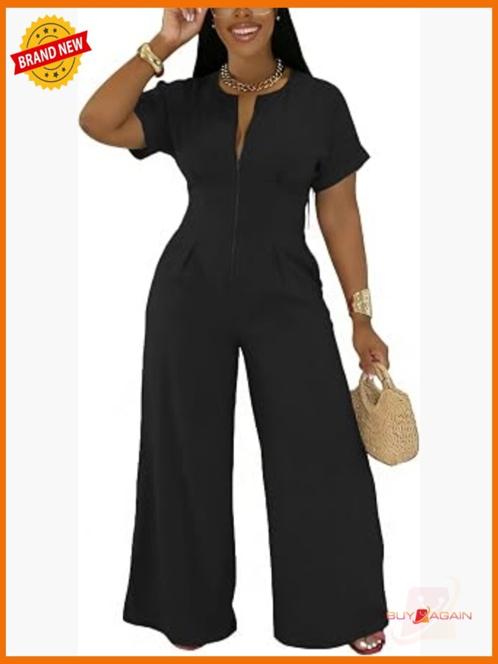 Sexy Zip Up Short Sleeve Wide Leg Long Pants Romper